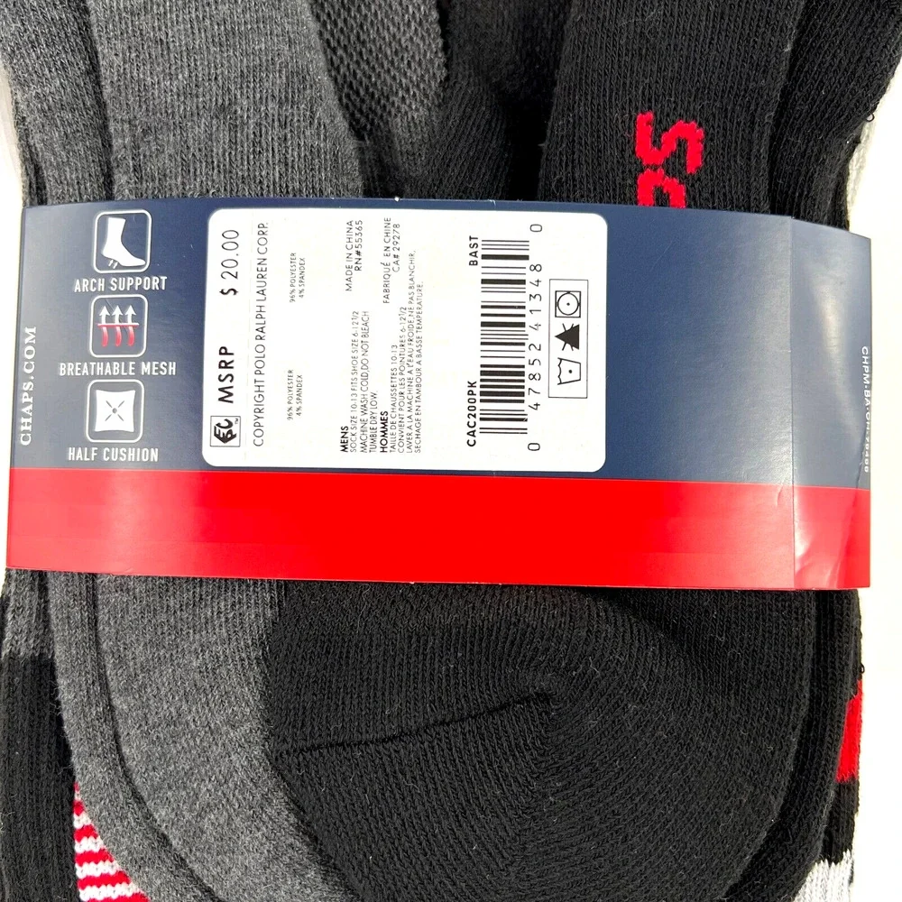 NEW Chaps Men’s Athletic Crew Socks 6 Pairs Arch Support Black Shoe Size 6-12.5